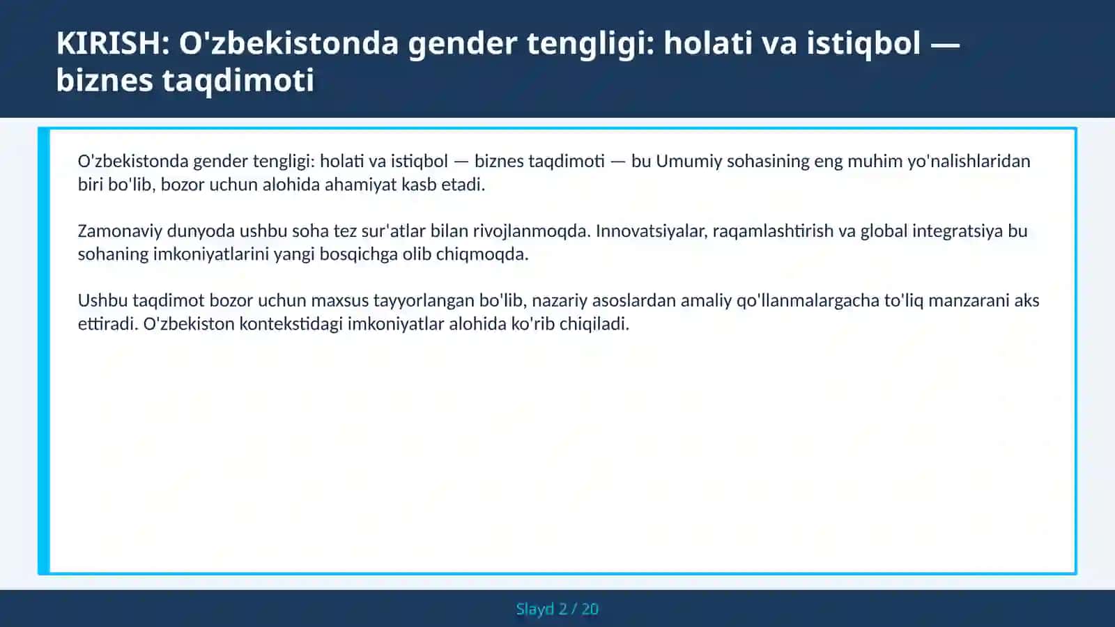 O'zbekistonda Gender Tengligi: Holati va Istiqbol — Biznes Taqdimoti 2