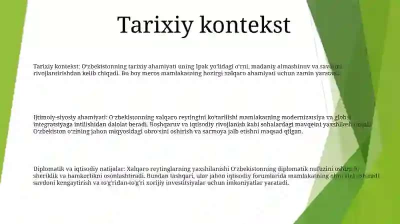 Òzbekistonning Halqaro Reytinglardagi Kòrsatgichlarini Kòtarishning Tarixiy Va Siyosiy Ahamiyati 2