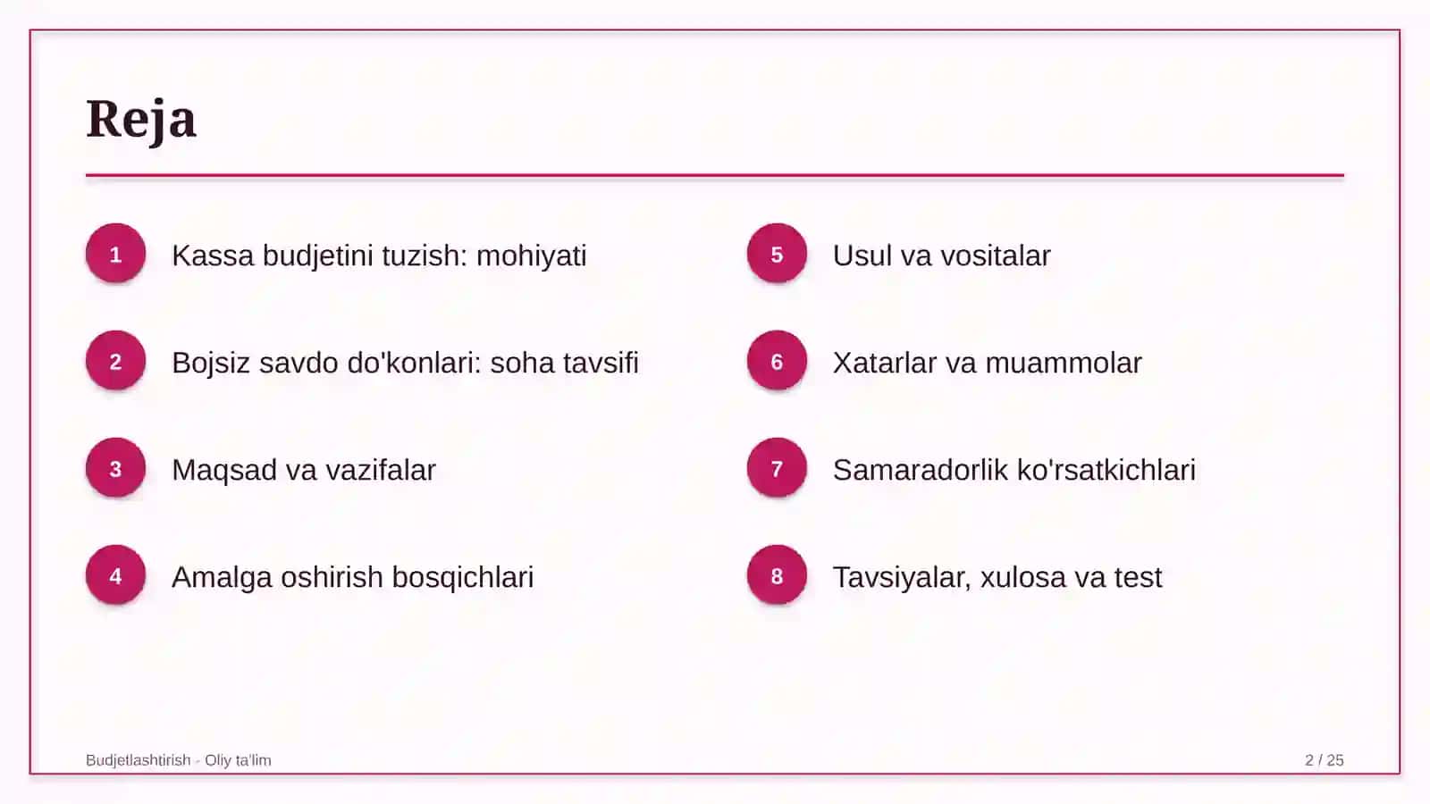 Bojsiz savdo do'konlarida kassa budjetini tuzish 2