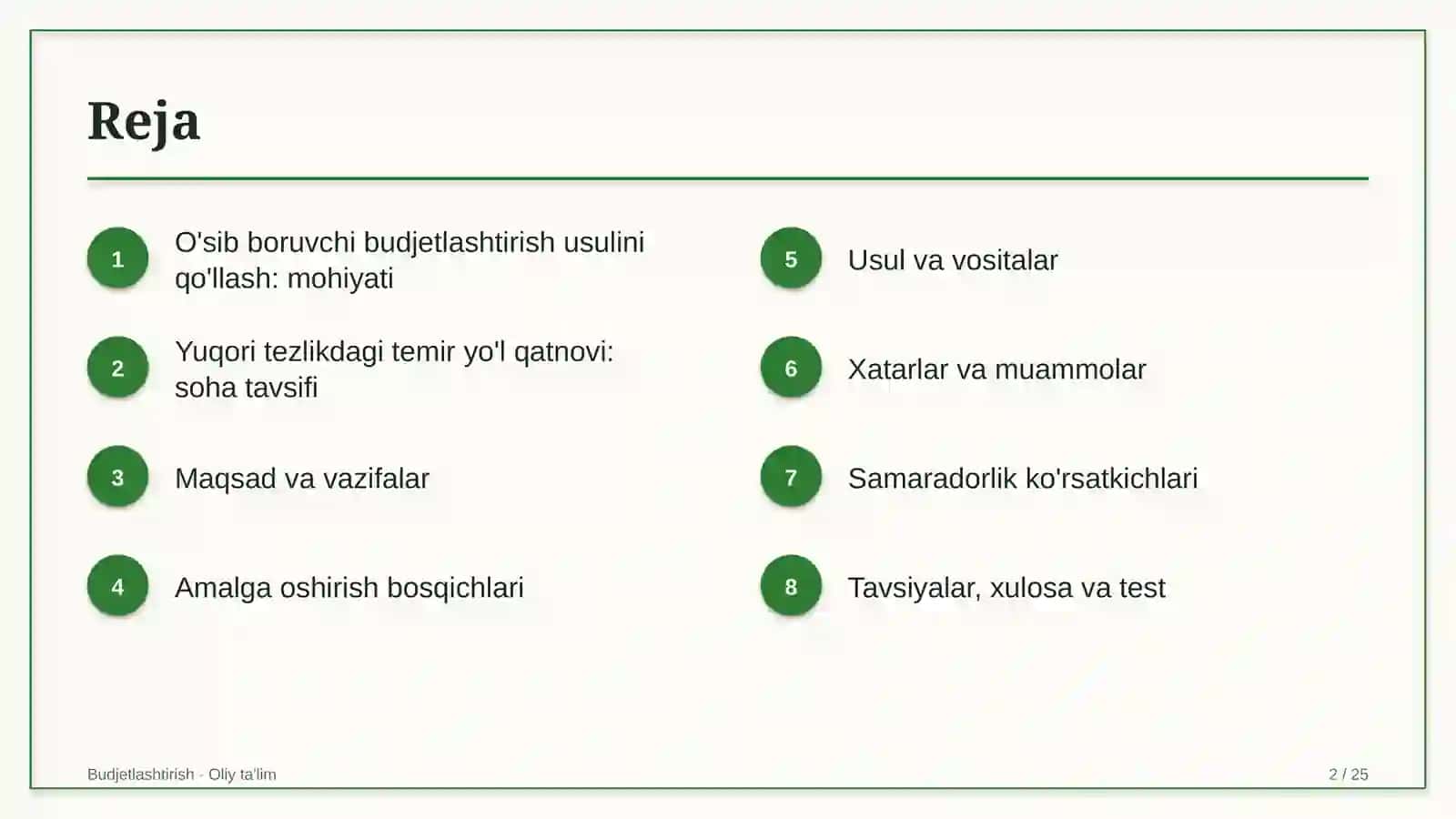 yuqori tezlikdagi temir yo'l qatnovida o'sib boruvchi budjetlashtirish usulini qo'llash 6170 2