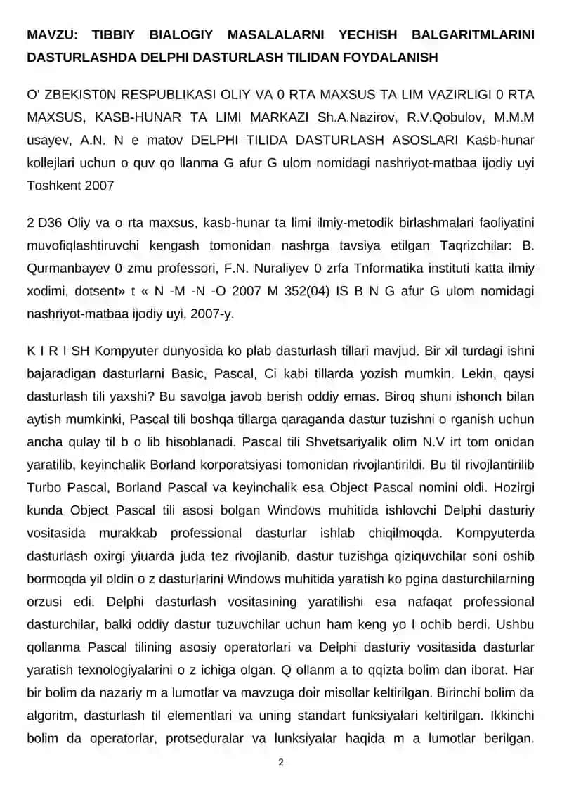 TIBBIY BIALOGIY MASALALARNI YECHISH BALGARITMLARINI DASTURLASHDA DELPHI DASTURLASH TILIDAN FOYDALANISH 2