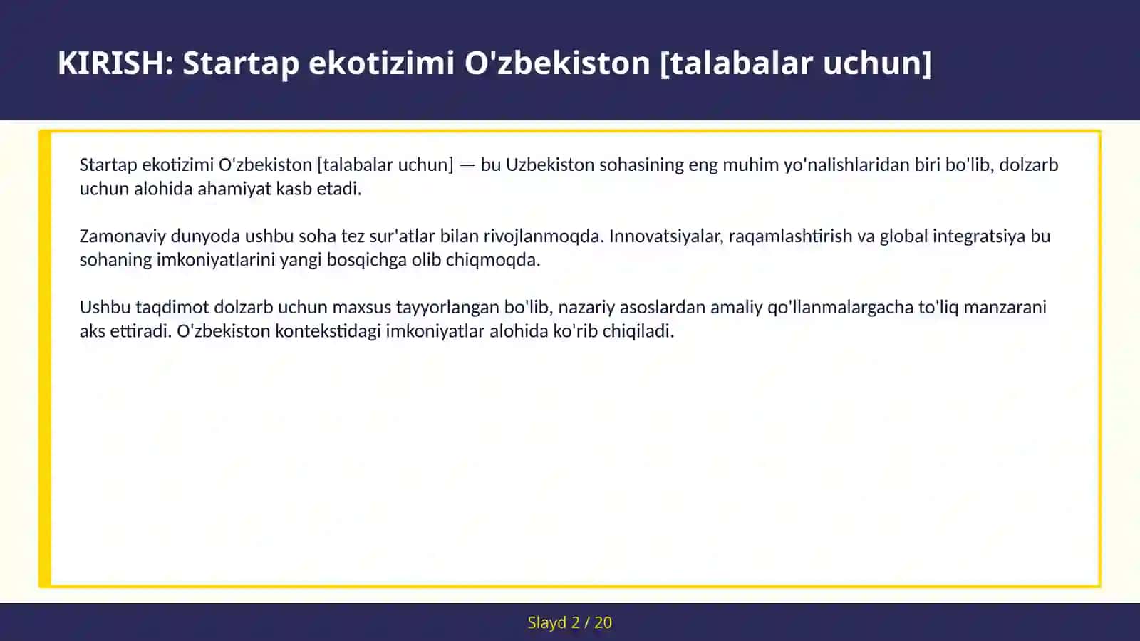 Startap ekotizimi O'zbekiston [talabalar uchun] 2