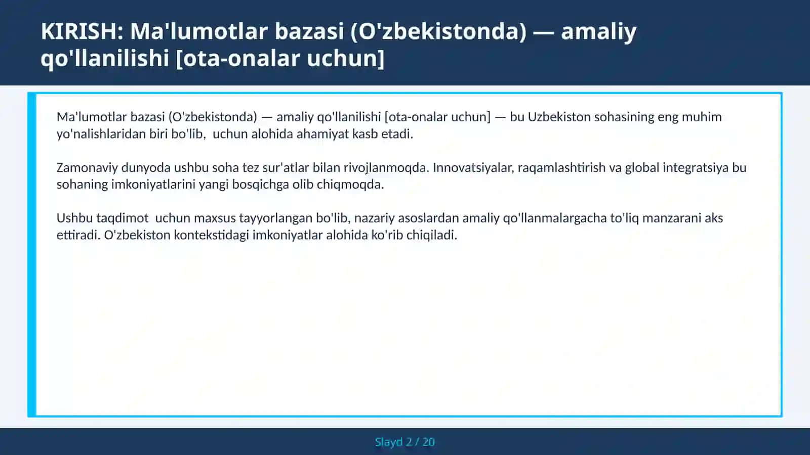 Ma'lumotlar Bazasi (O'zbekistonda) — Amaliy Qo'llanilishi [Ota-onalar Uchun] 2