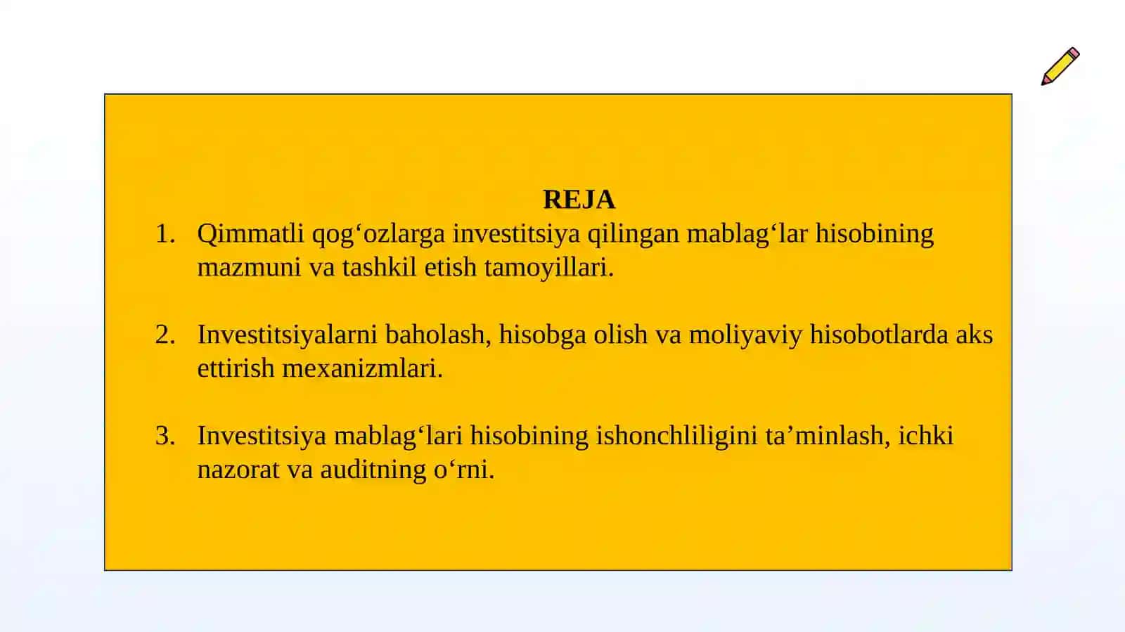 Qimmatli qog‘ozlar va qimmatli qog‘ozlarga investitsiya qilingan mablag‘lar uchun ishonchli hisob mexanizmlari 2