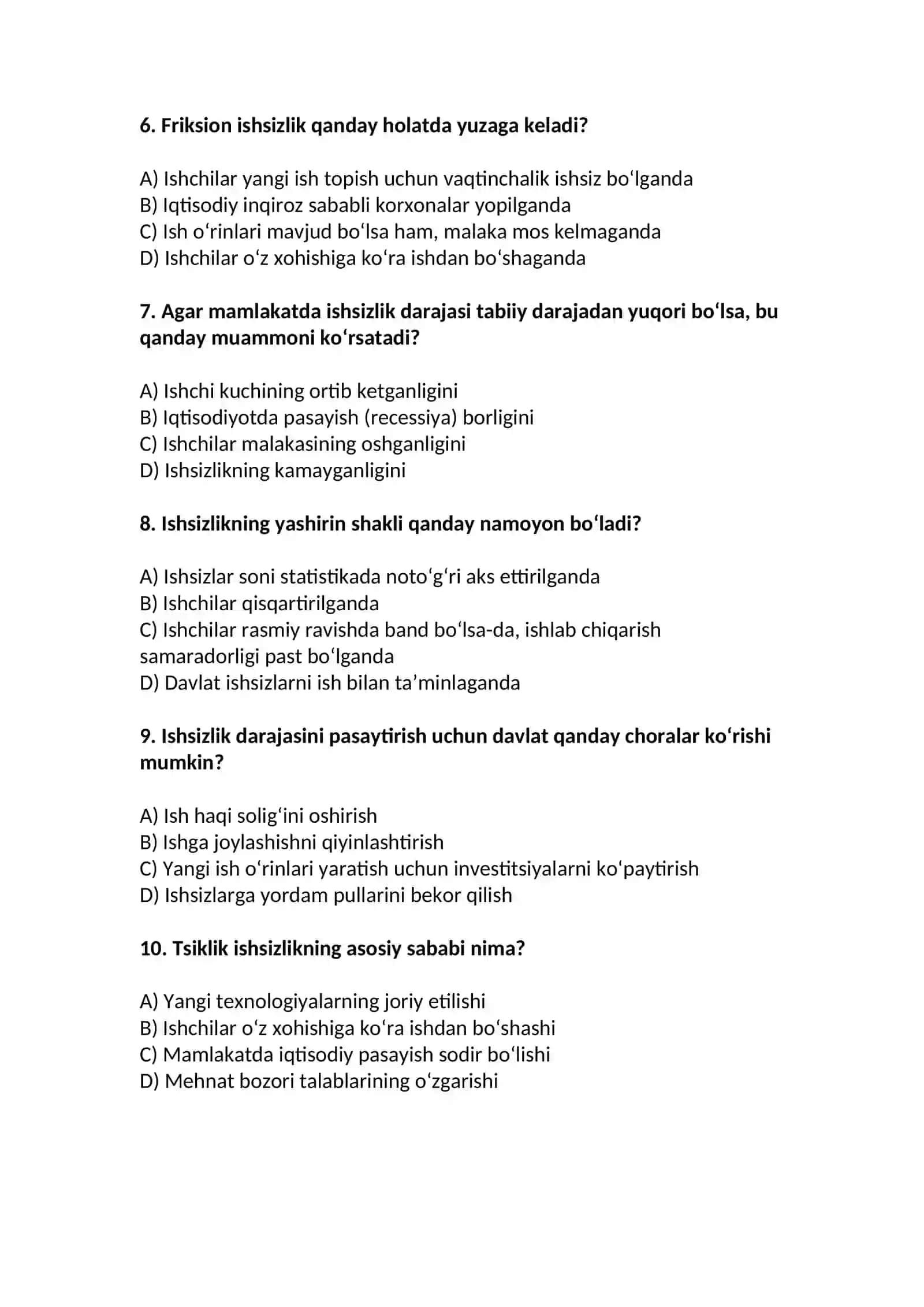 Makroiqtisodiyot fanidan 15 talik test savollari 2