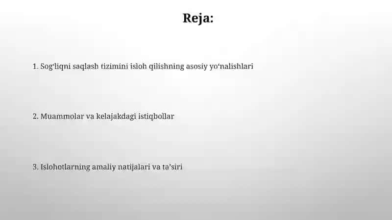 Sog'liqni saqlash tizimini rivojlantirishdagi islohotlar va ularning amaliy natijalari 2