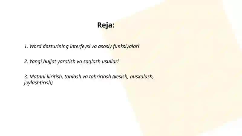 Matnli ma’lumotlami qayta ishlash. Word dasturi. Formatlash, tahrirlash va chop etish. Shablonlar asosida so‘rovnoma blankalarini tayyorlash 2