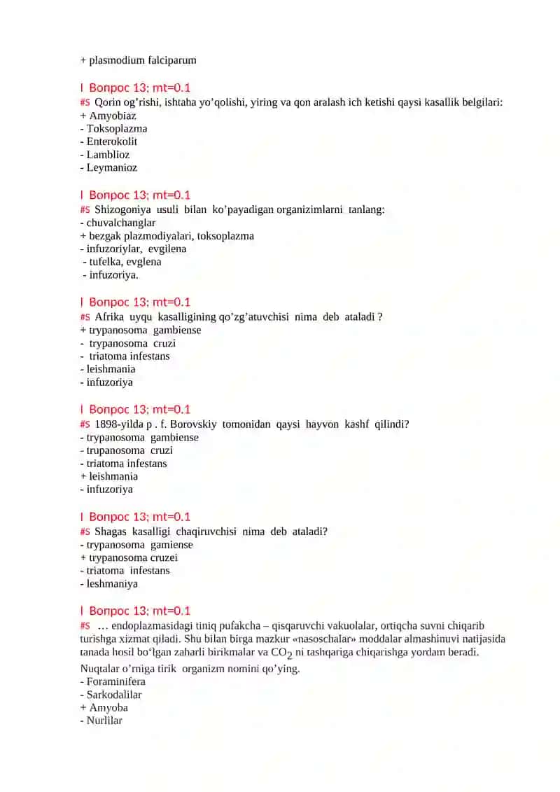 Tibbiy protozoologiya mavzusida test 2
