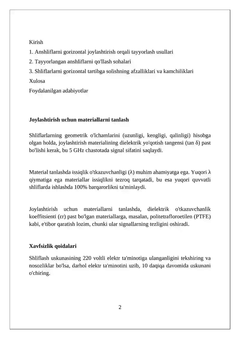 Shliflarlarni gorizontal tekis joylashtirish anshliflar tayyorlash usullari 2