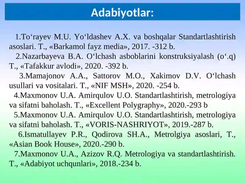 O‘zbekiston Respublikasi o‘lchovlarning birxilliginita’minlash davlat tizimi 2