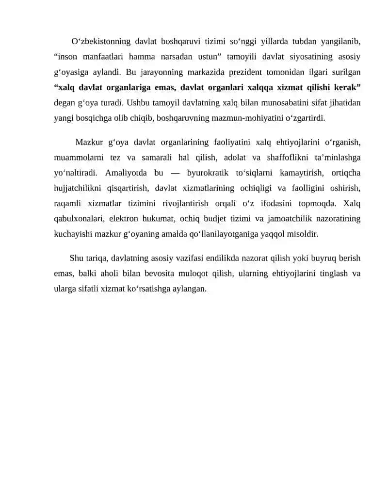 "Xalq davlat organlariga emas, davlat organlari xalqqa xizmat qilishi kerak" g'oyasi 2