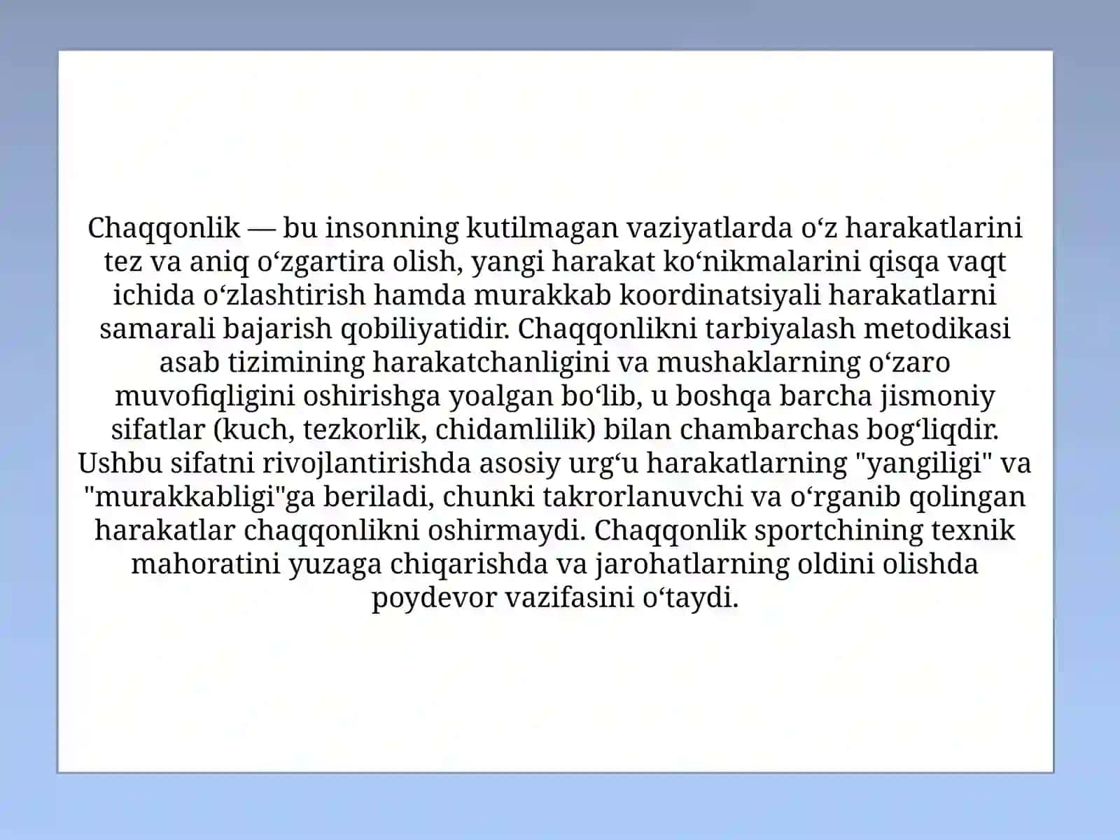 CHAQQONLIKNI TARBIYALASH METODIKASINING ASOSLARI. XUSUSIY (CHAQQONLIKKA NISBATAN) SIFATLAR VA ULARNI TARBIYALASH METODIKASI 2