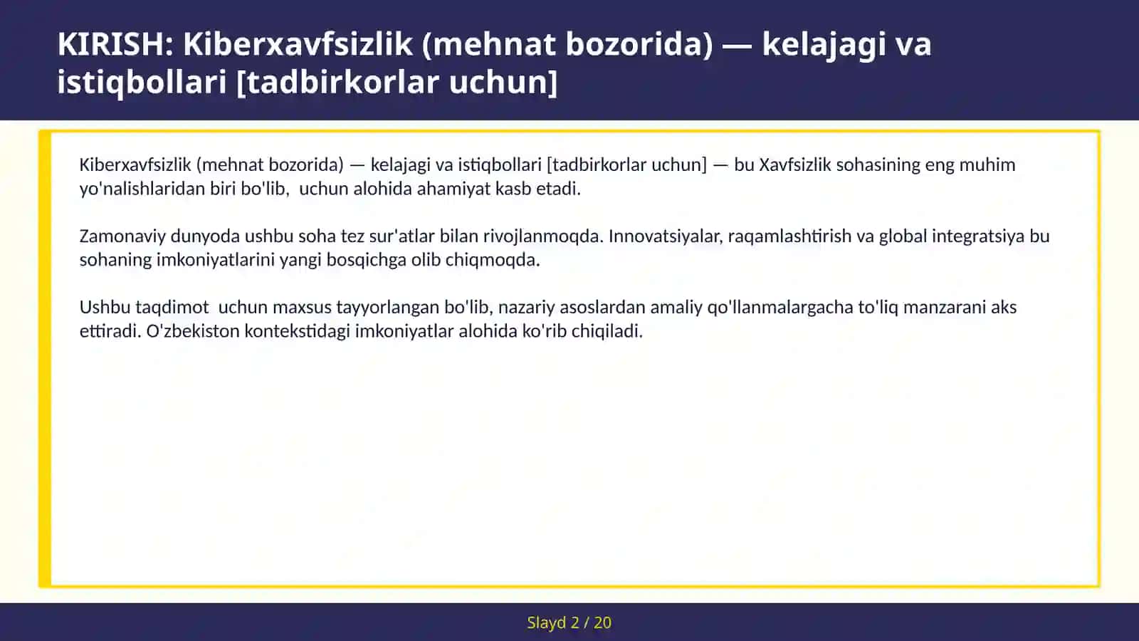 KIBERXAVFSIZLIK (MEHNAT BOZORIDA) — KELAJAGI VA ISTIQBOLLARI [TADBIRKORLAR UCHUN] 2