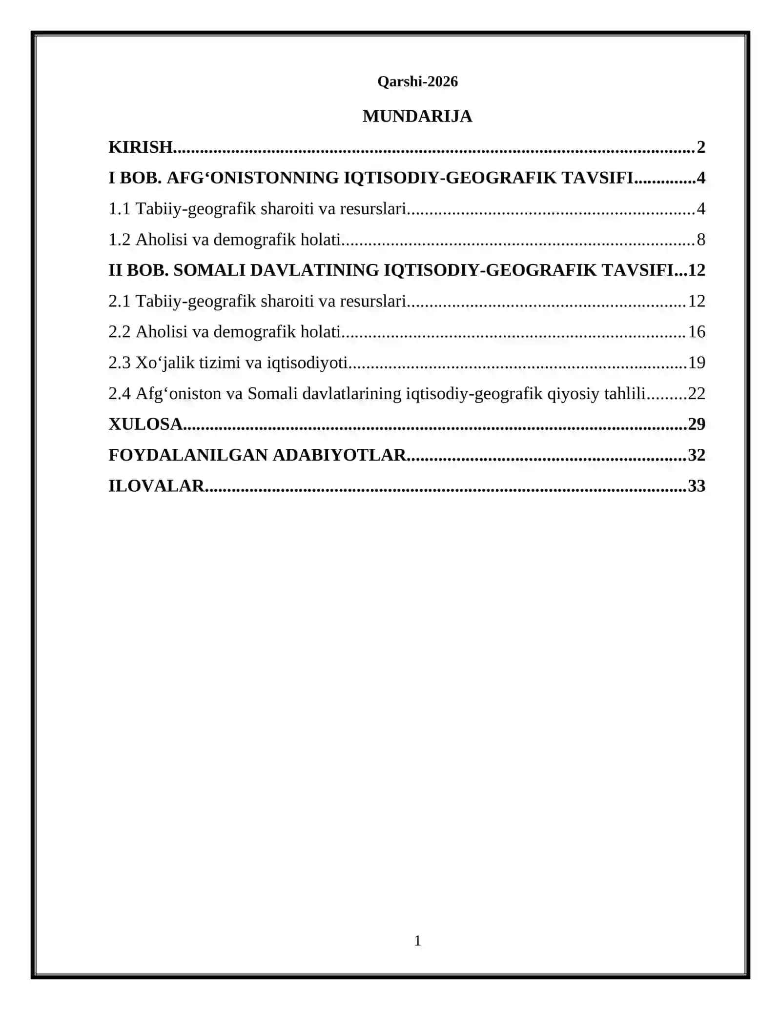 KURS ISHI: Afgʻoniston va Somali davlatlariga iqtisodiy geografik tavsif 2