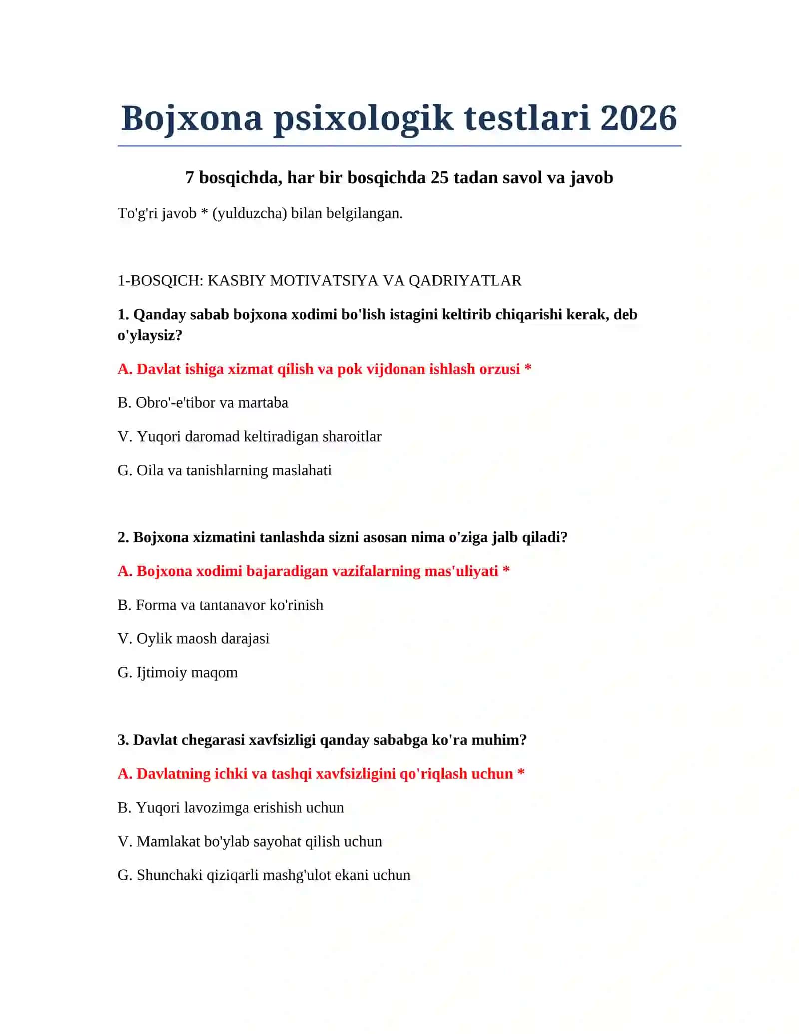 Bojxona psixologik testlari 2026 2