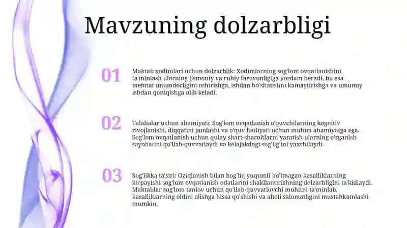 Maktab Xududida Xodimlar Va O‘Quvchilar Uchun Sog‘Lom Ovqatlanish Sharoitini Yaratish Mavzuning Dolzarbligi 2