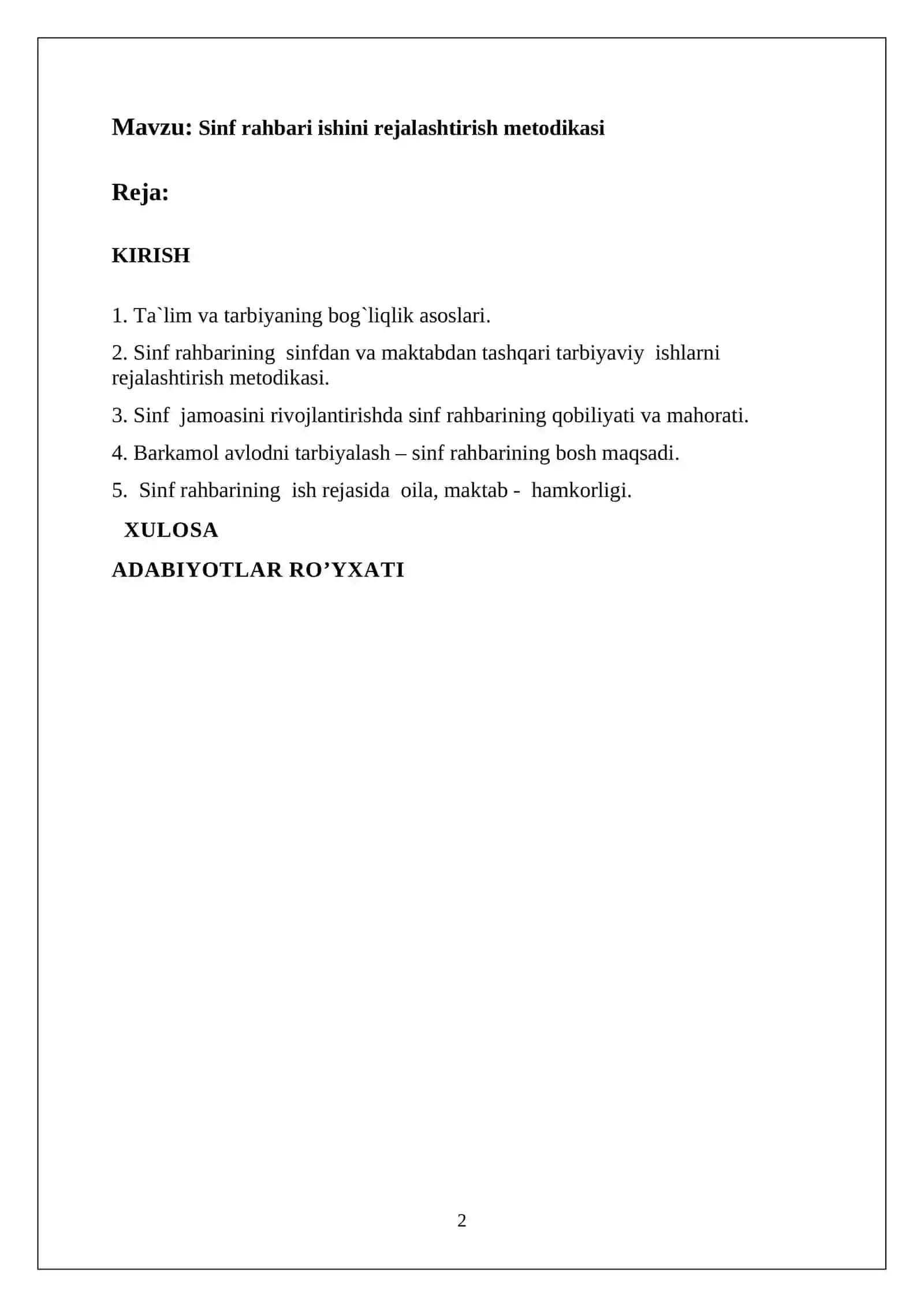 Sinf rahbari ishini rejalashtirish metodikasi 2