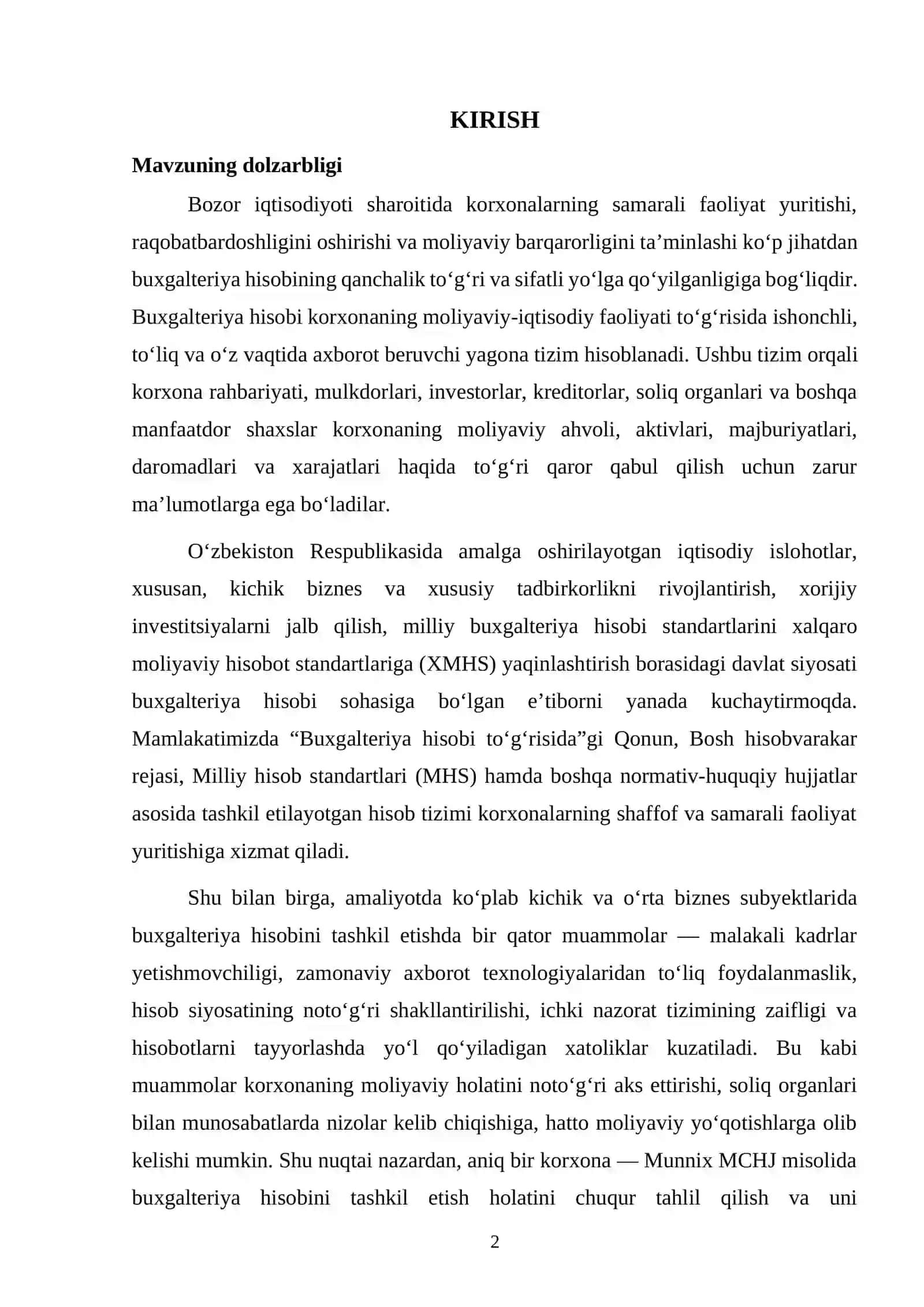 "Korxonada buxgalteriya hisobini tashkil etish va uni takomillashtirish yo‘llari" (Munnix MCHJ misolida) 2