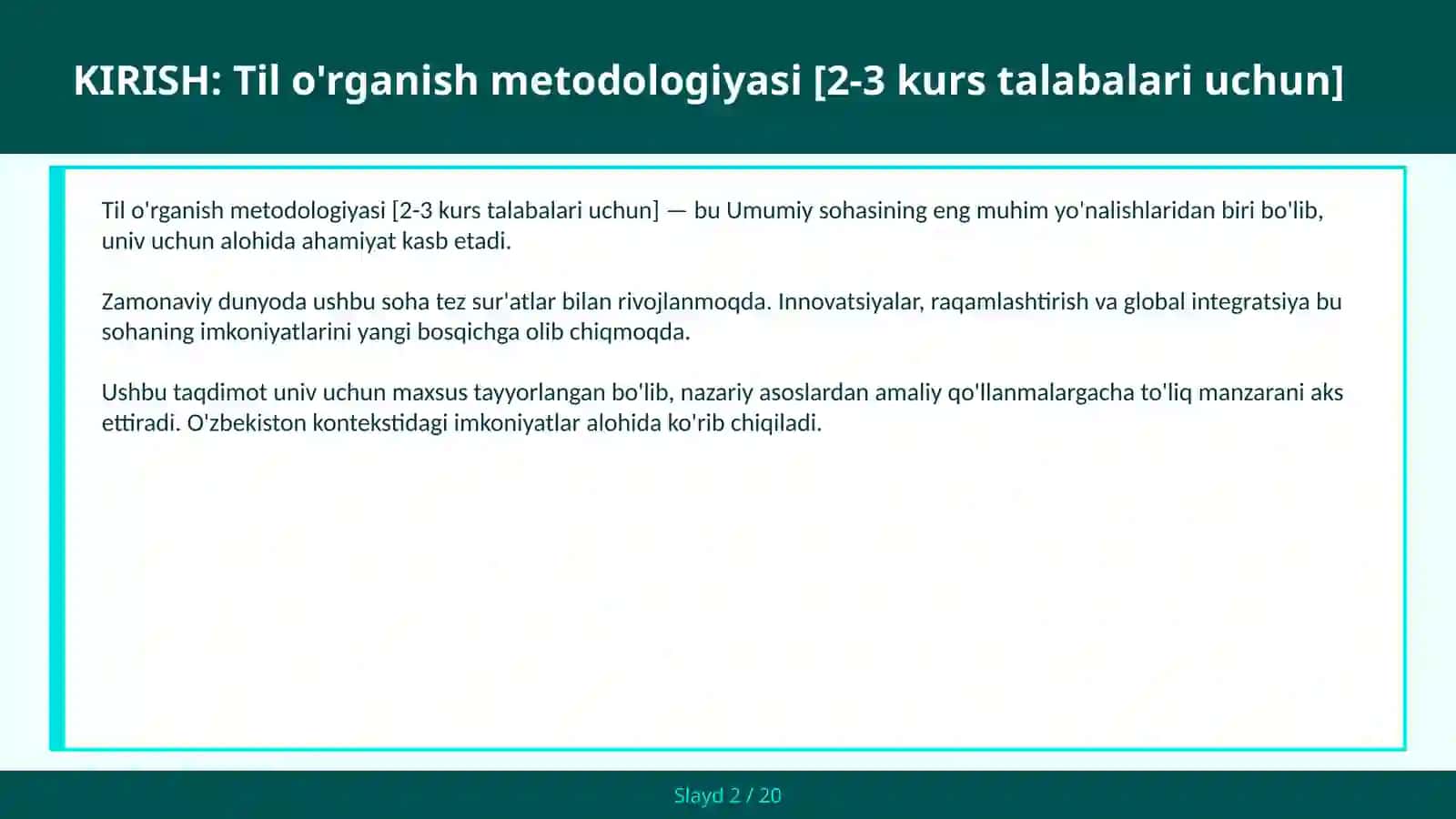 Til o'rganish metodologiyasi [2-3 kurs talabalari uchun] 2