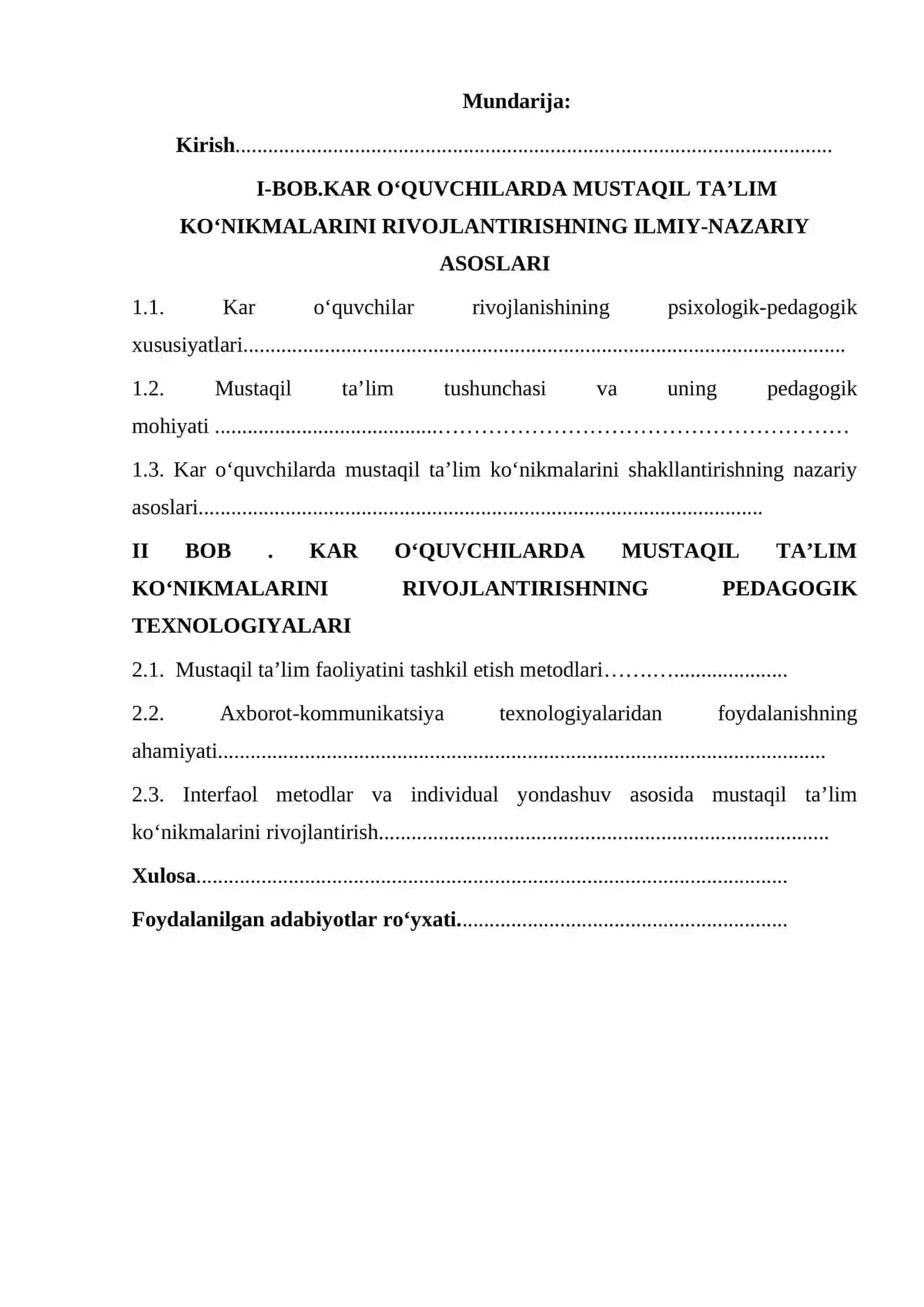 Kurs Ishi: Kar O`quvchilarda Mustaqil Talim Konikmalarini Rivojlantirish 2