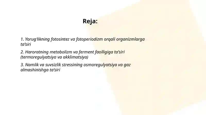 Turli ekologik omillarning tirik organizmlarga taʼsir etish mexanizmlari 2