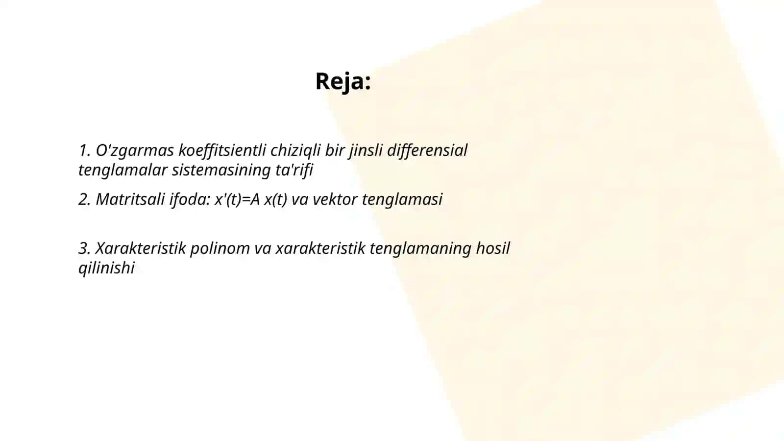 O'zgarmas koeffisentli chiziali bir jinslimas differensial tenglamalar sistemasi 2