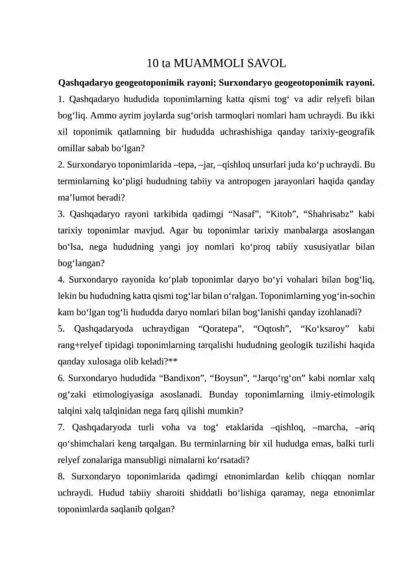 Qashqadaryo geogeotoponimik rayoni; Surxondaryo geogeotoponimik rayoni. 2