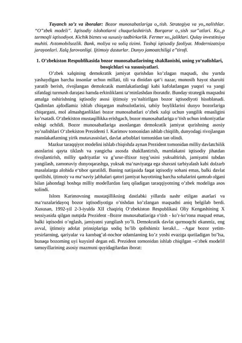 O`zbekistonda mibozor munosabatlarining rivojlanishi 2