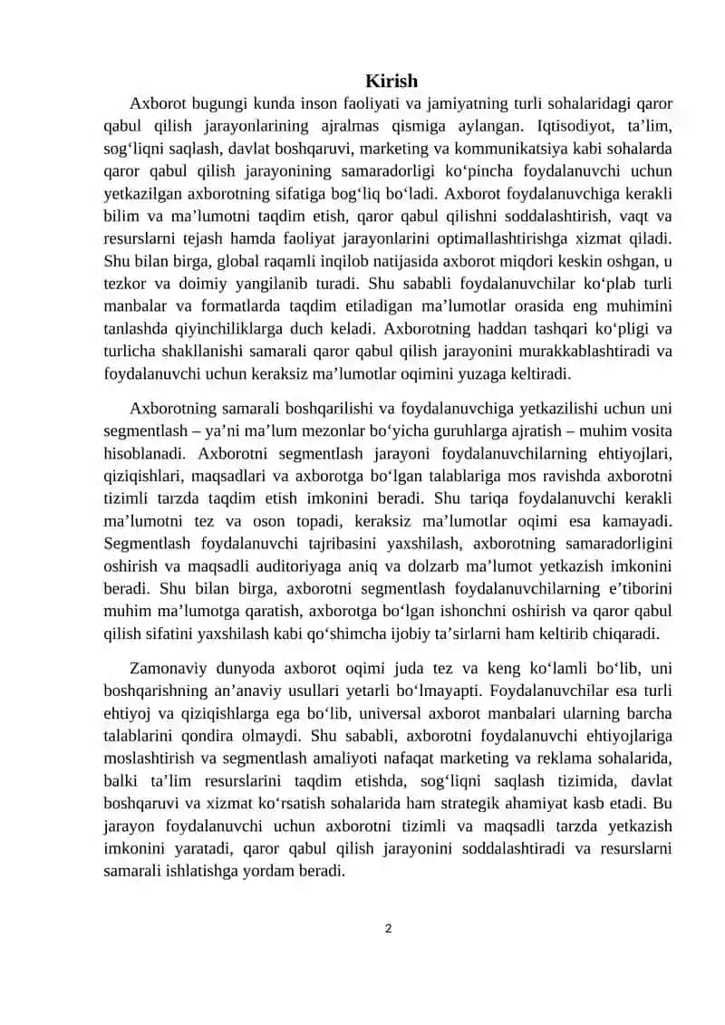 Segmentlar bo'yicha axborotlarning foydalanuvchilar uchun ahamiyati 2