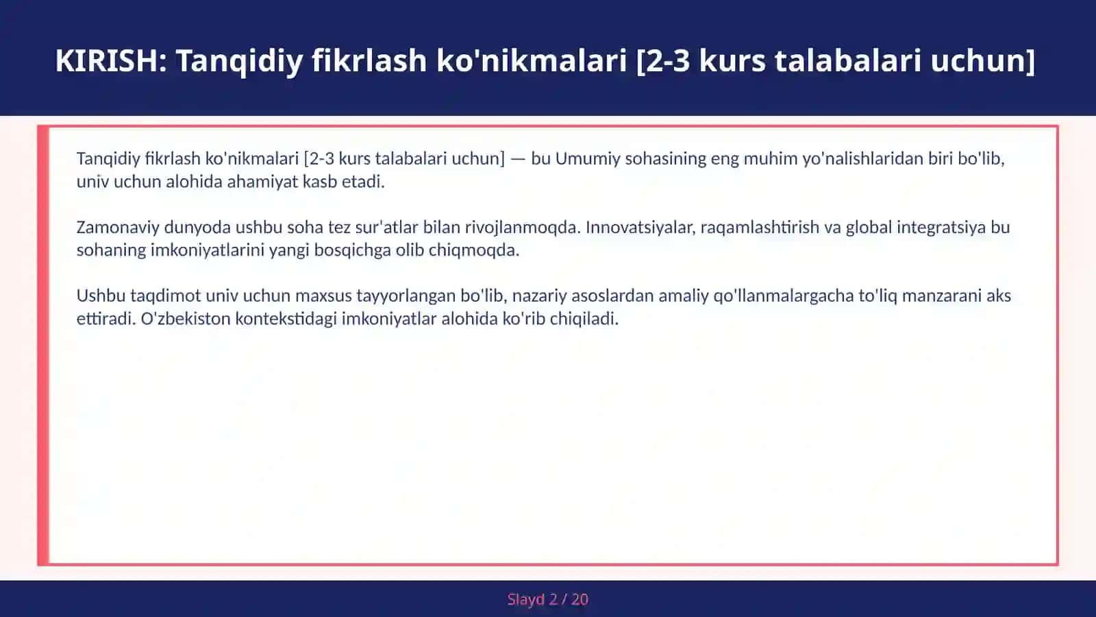 Tanqidiy fikrlash ko'nikmalari [2-3 kurs talabalari uchun] 2