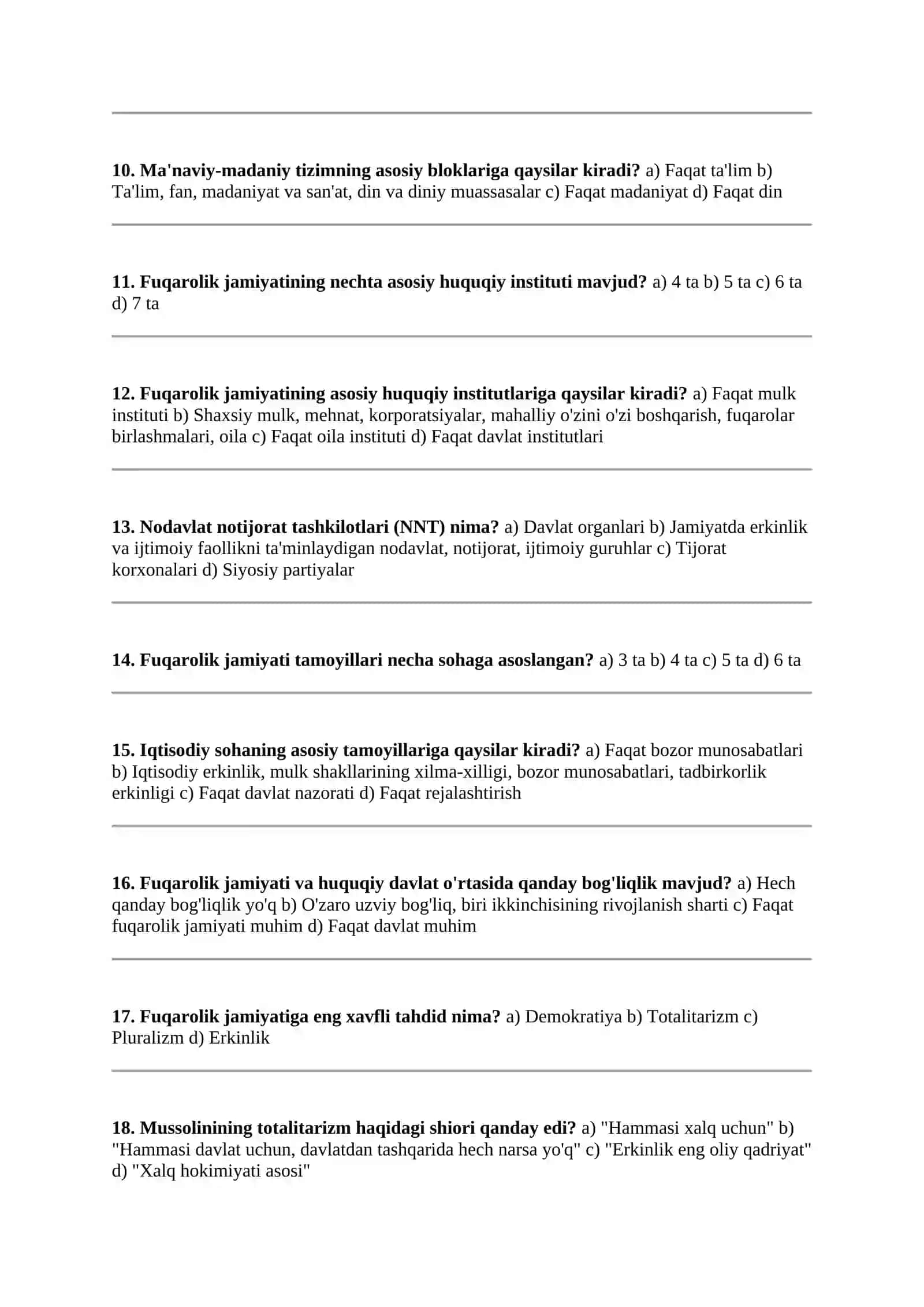 Fuqarolik jamiyati bo'yicha test savollari 2