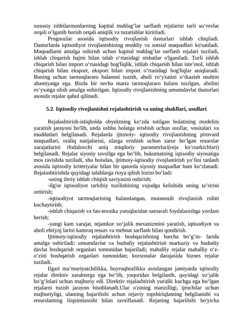 IJTIMOIY-IQTISODIY RIVOJLANISHNI DASTURLASH, PROGNOZLASHTIRISH VA REJALASHTIRISH 2