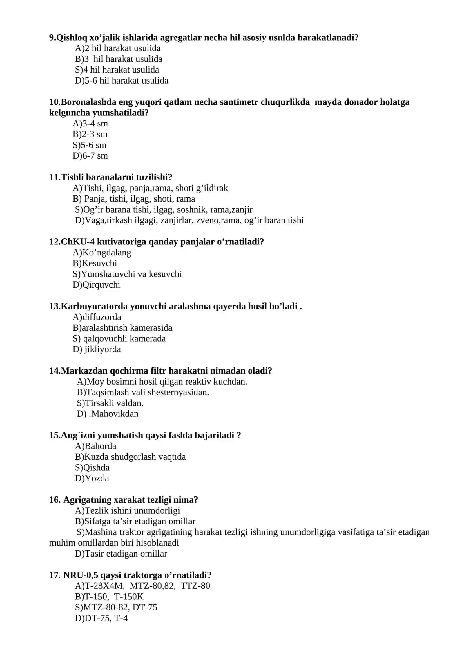 Traktorchi mashinist yonalishi bo’yicha kasbiy fanlardan test savollari 2