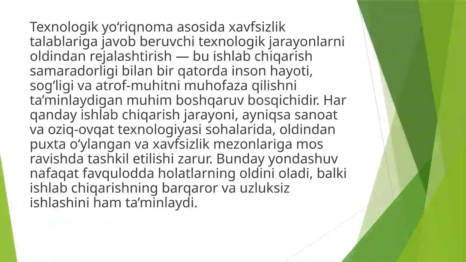 Texnologik yoʻriqnoma asosida xavfsizlik talablariga javob beruvchi texnologik jarayonlarni oldindan rejalashtirish 2
