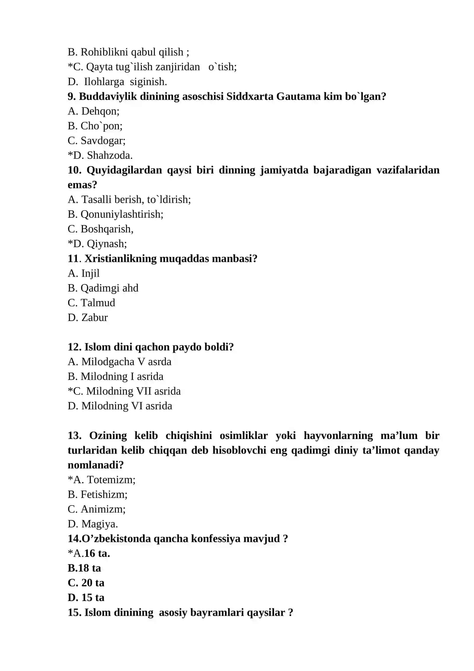 Dinshunoslik fanidan testlar 2