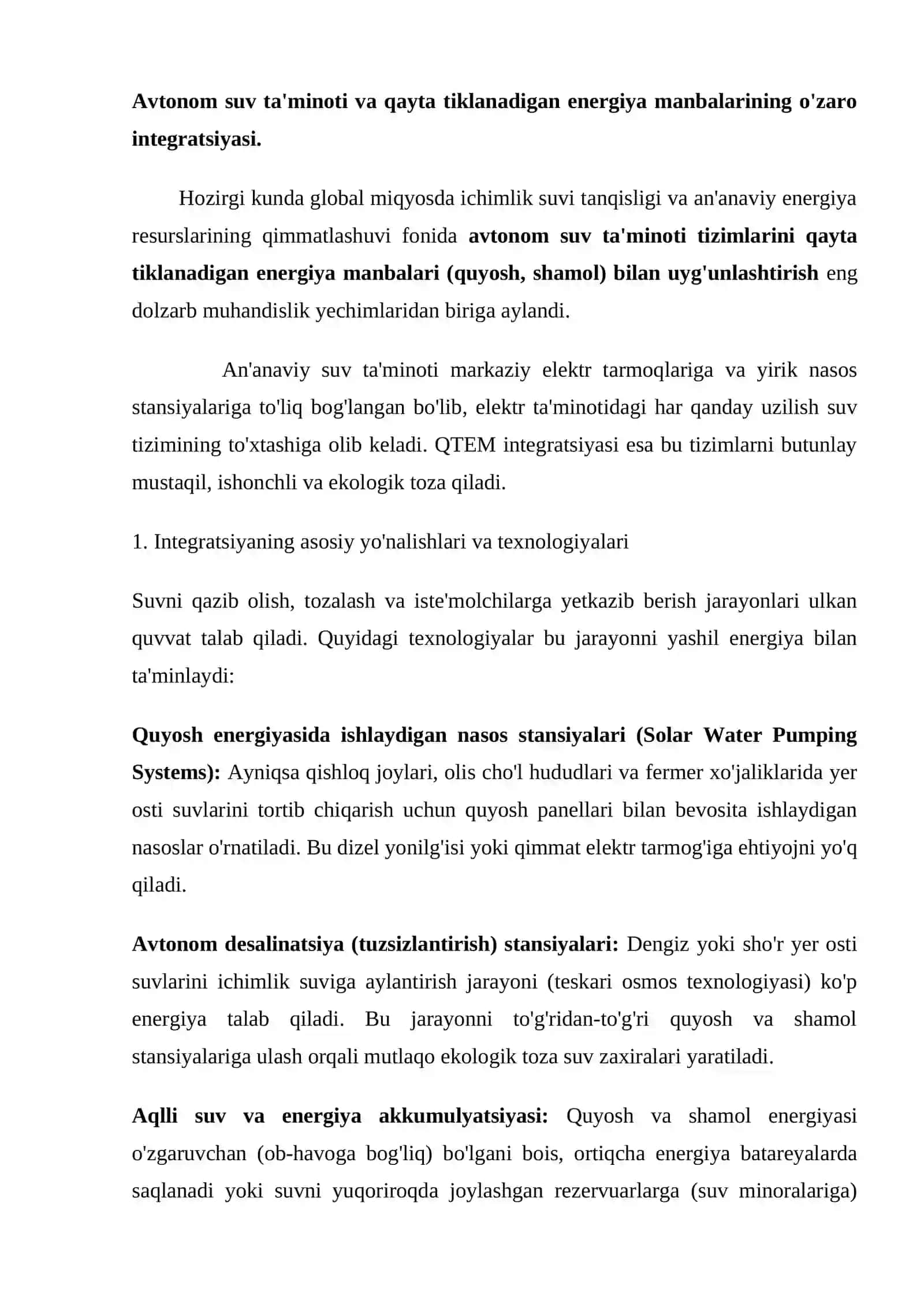 Avtonom suv ta'minoti tizimlarida qayta tiklanadigan energiya manbalaridan foydalanish 2