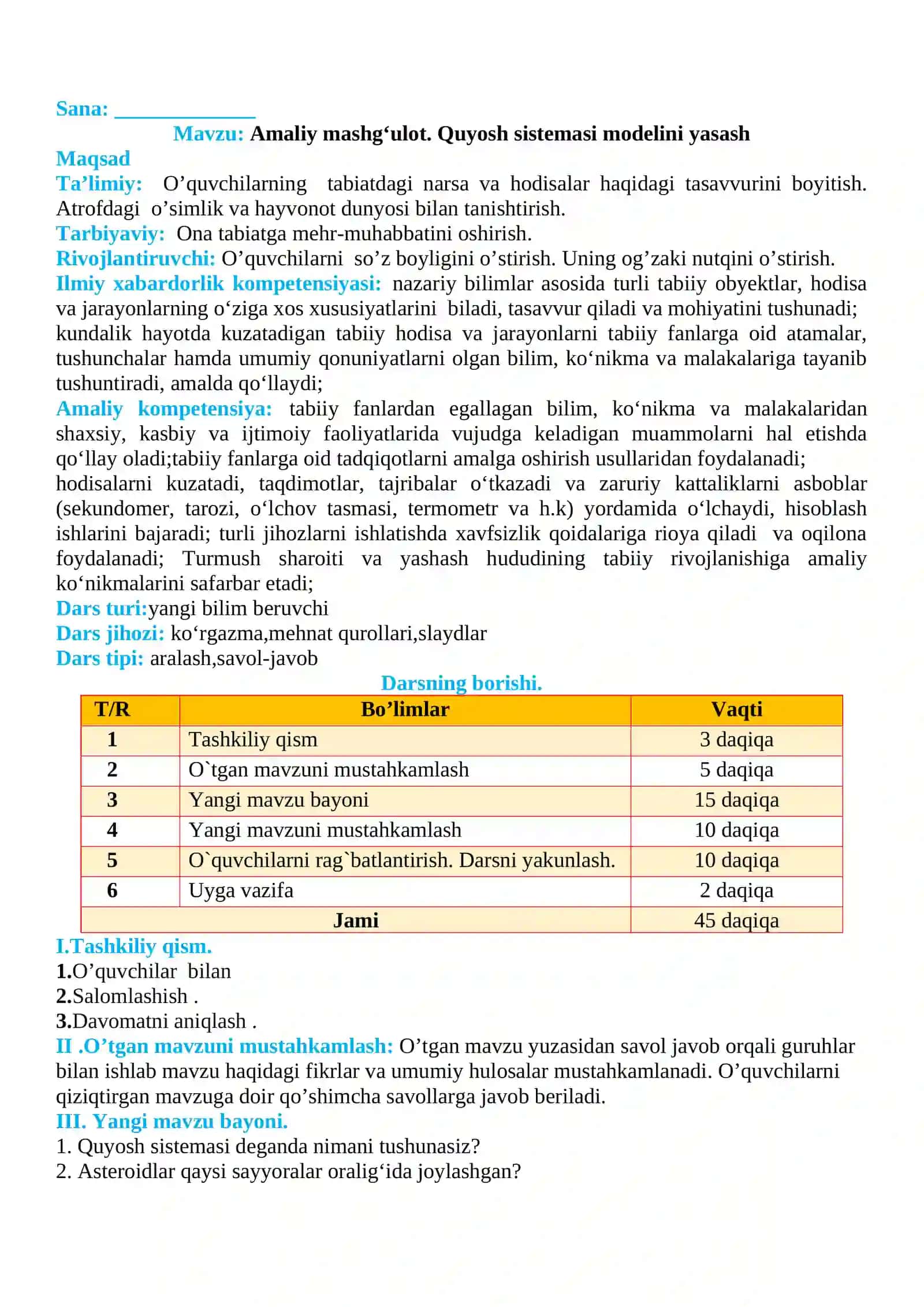 3-sinf Tabiiy fan (Science) Quyosh sistemasi modelini yasash amaliy mashg'ulot 2