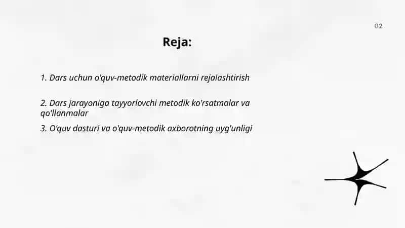 Dars jarayoniga tayyorgarlik ko'rish o'quv metodik axborot ta'minotni masalasi 2