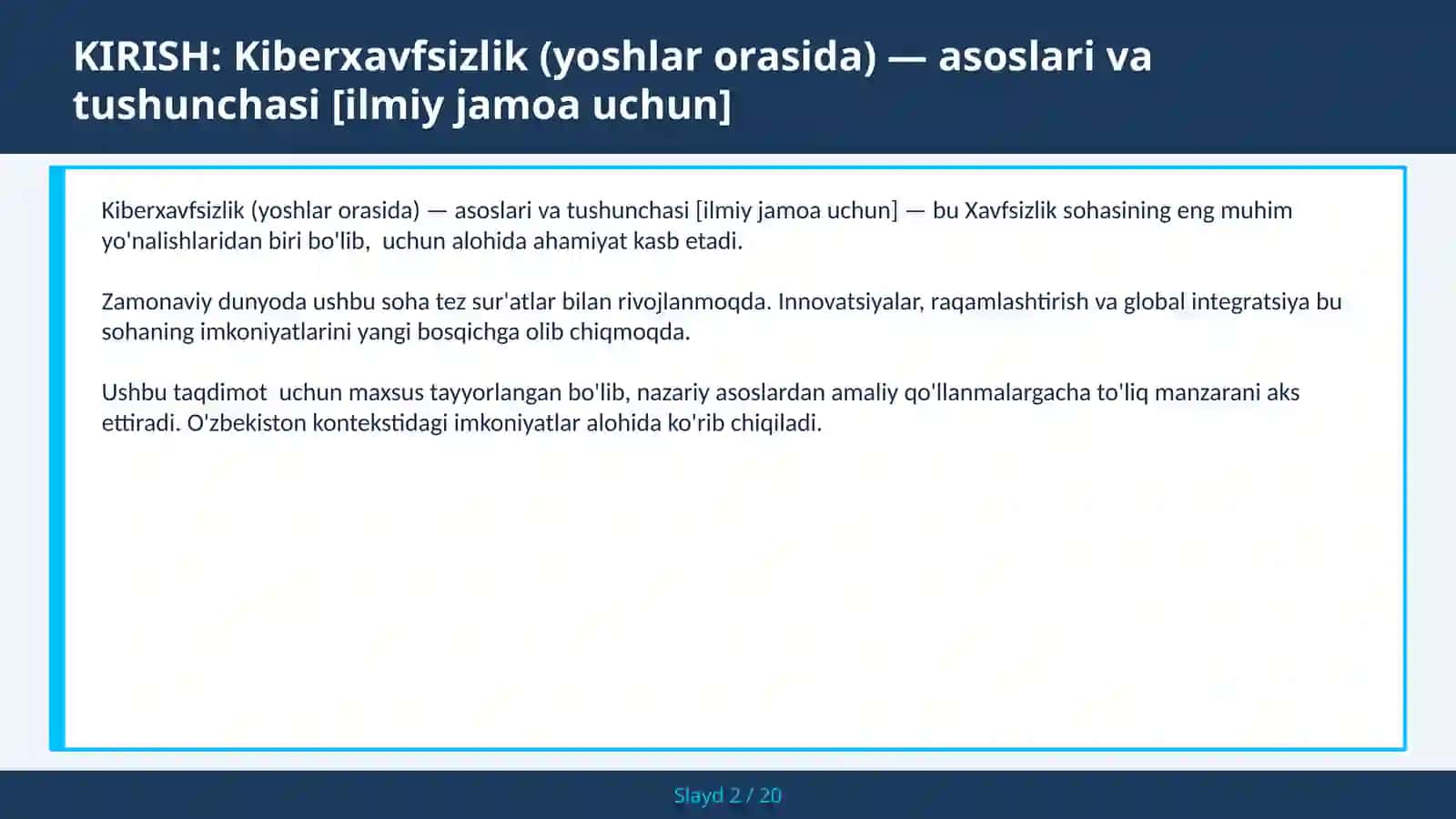 KIBERXAVFSIZLIK (YOSHLAR ORASIDA) — ASOSLARI VA TUSHUNCHASI [ILMIY JAMOA UCHUN] 2