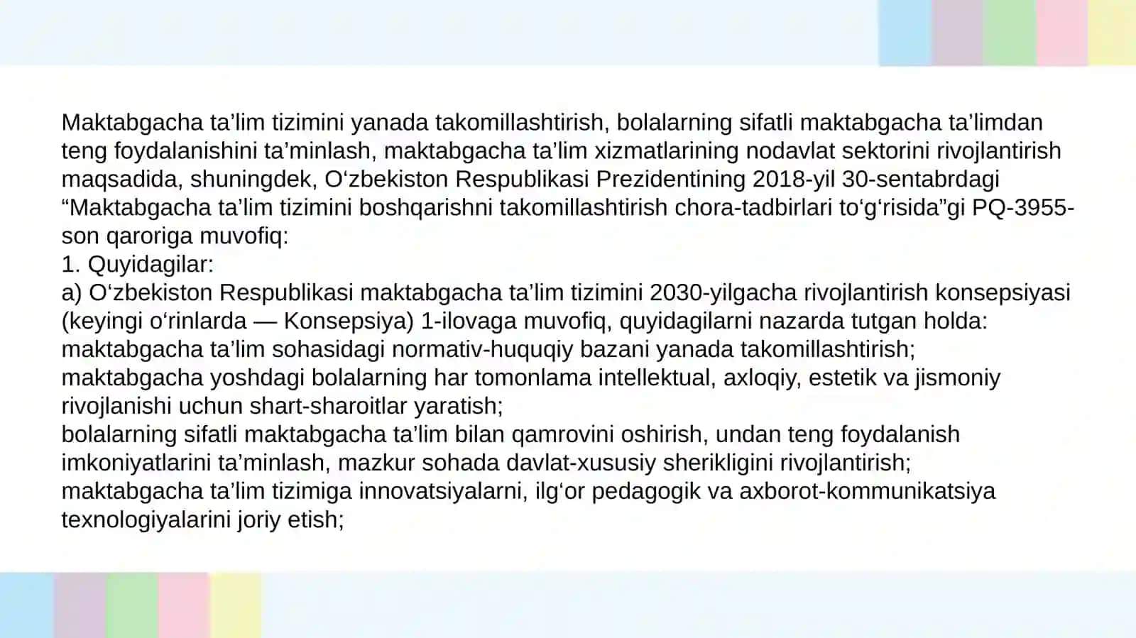 O‘ZBEKISTON RESPUBLIKASI MAKTABGACHA TA’LIM TIZIMINI 2030-YILGACHA RIVOJLANTIRISH KONSEPSIYASI 2