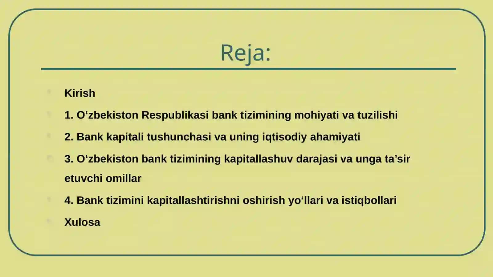 O'zbekiston Respublikasi bank tizimi va uni kapitallashish darajasi 2