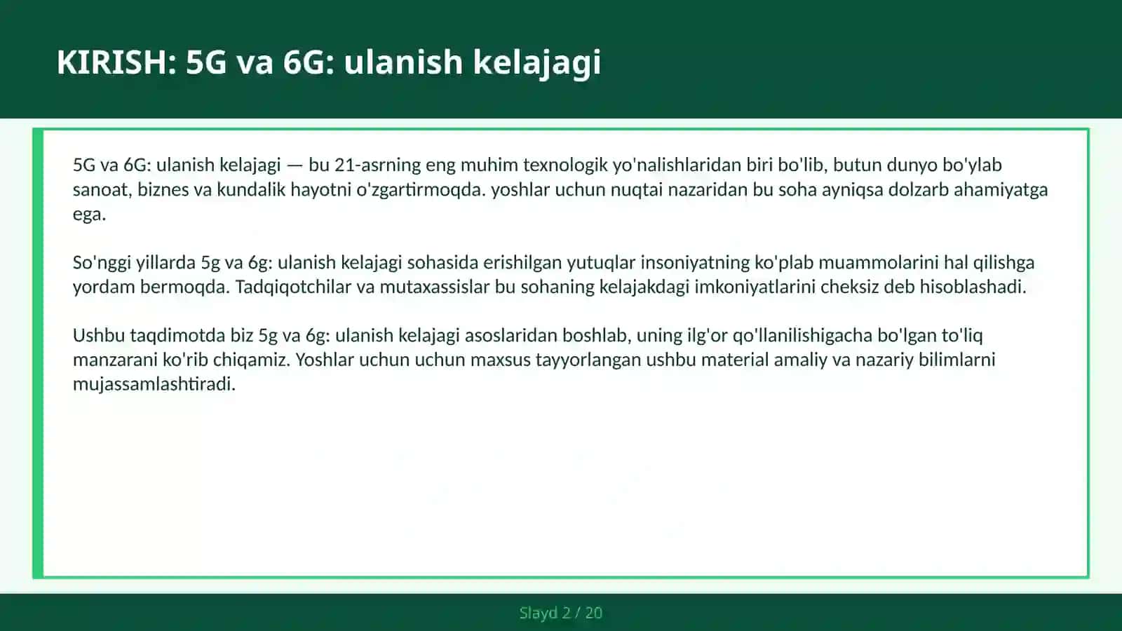 5G VA 6G: ULANISH KELAJAGI 2