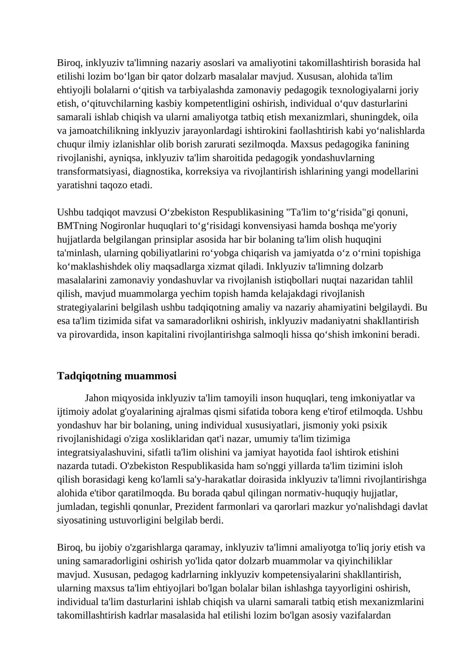 Inklyuziv ta'limning dolzarb masalalari:zamonaviy yondashuvlar va rivojlanish istiqbollari. 2