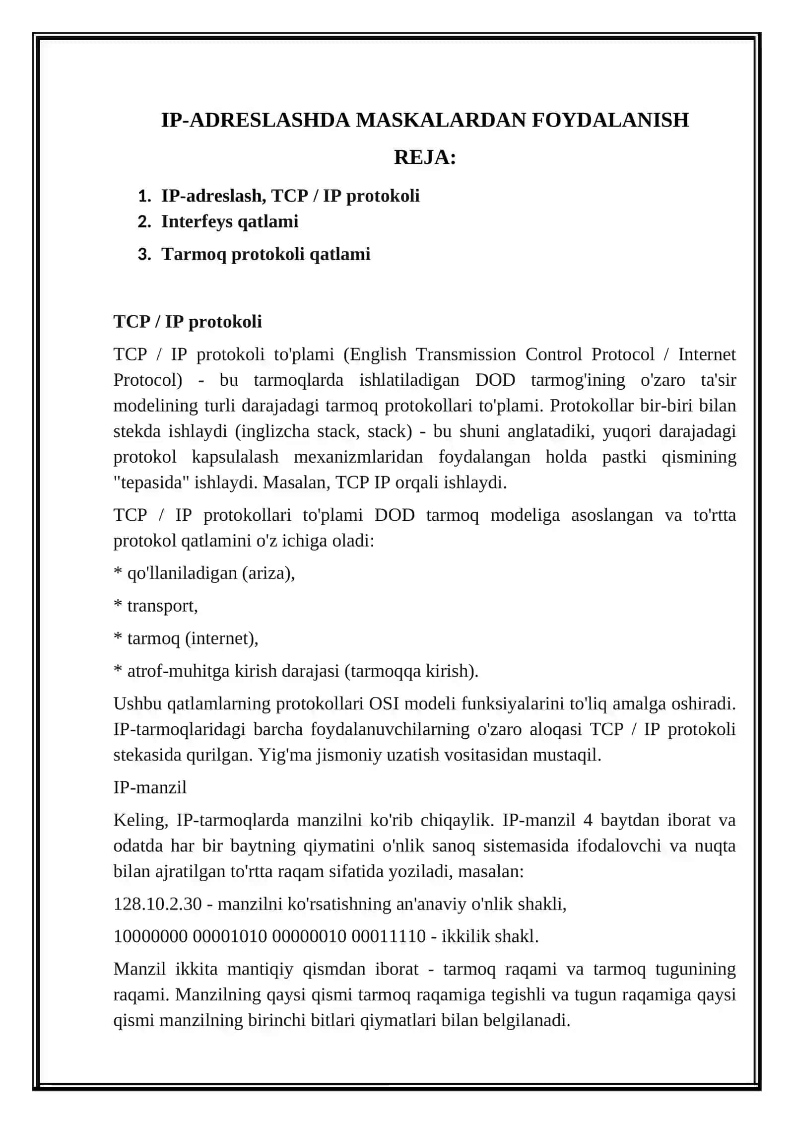 IP-ADRESLASHDA MASKALARDAN FOYDALANISH 2