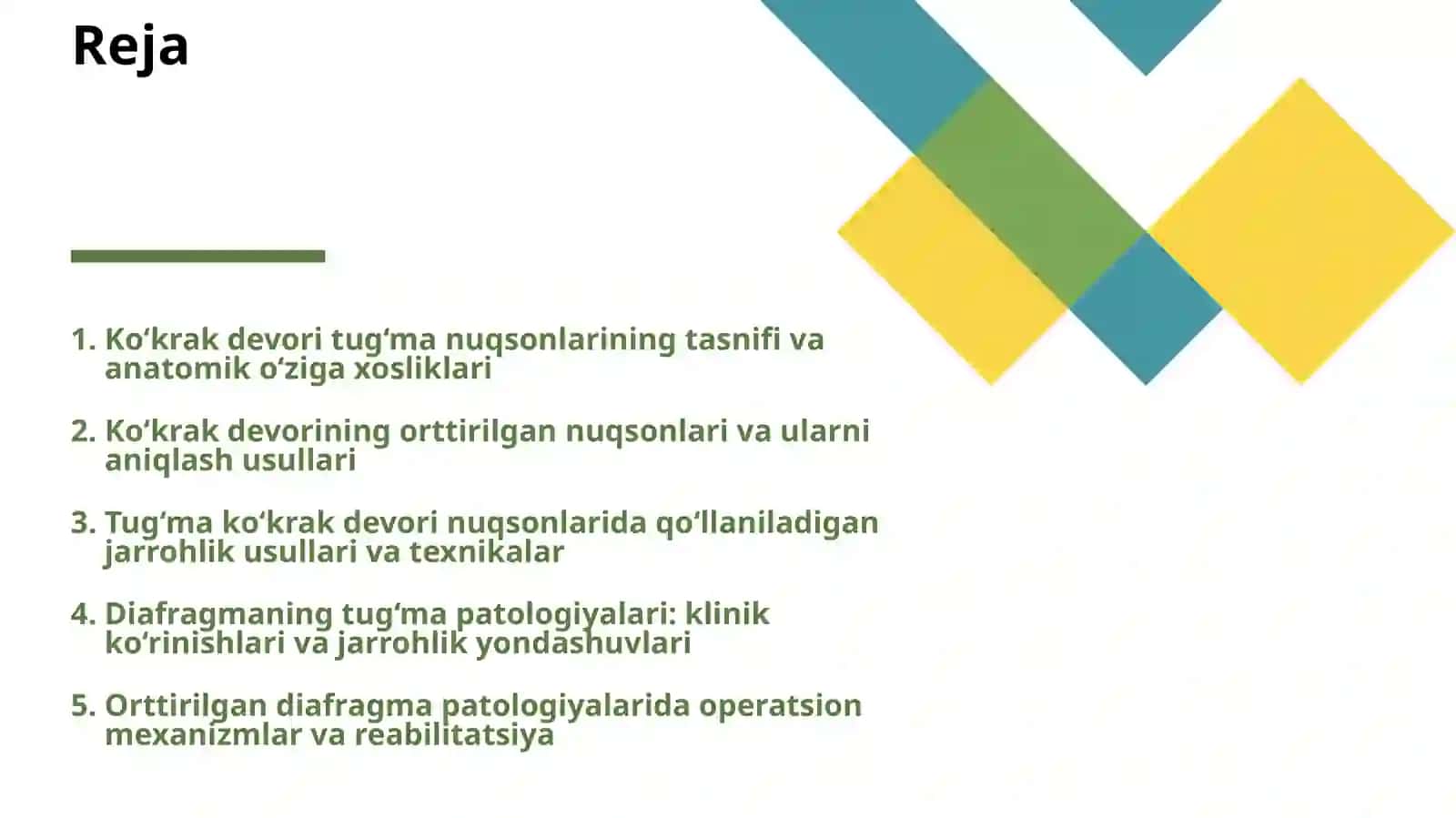 KO‘KRAK DEVORI TUGʻMA VA ORTTIRILGAN NUQSONLARIDA OPERATSIYALAR. DIAFRAGMANING TUGʻMA VA ORTTIRILGAN PATOLOGIYALARIDA OPERATSIYALAR 2