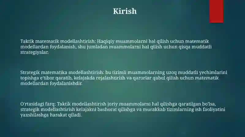 Taktik Matematik Modellashtirish. Strategik Matematik Modellashtirish 2