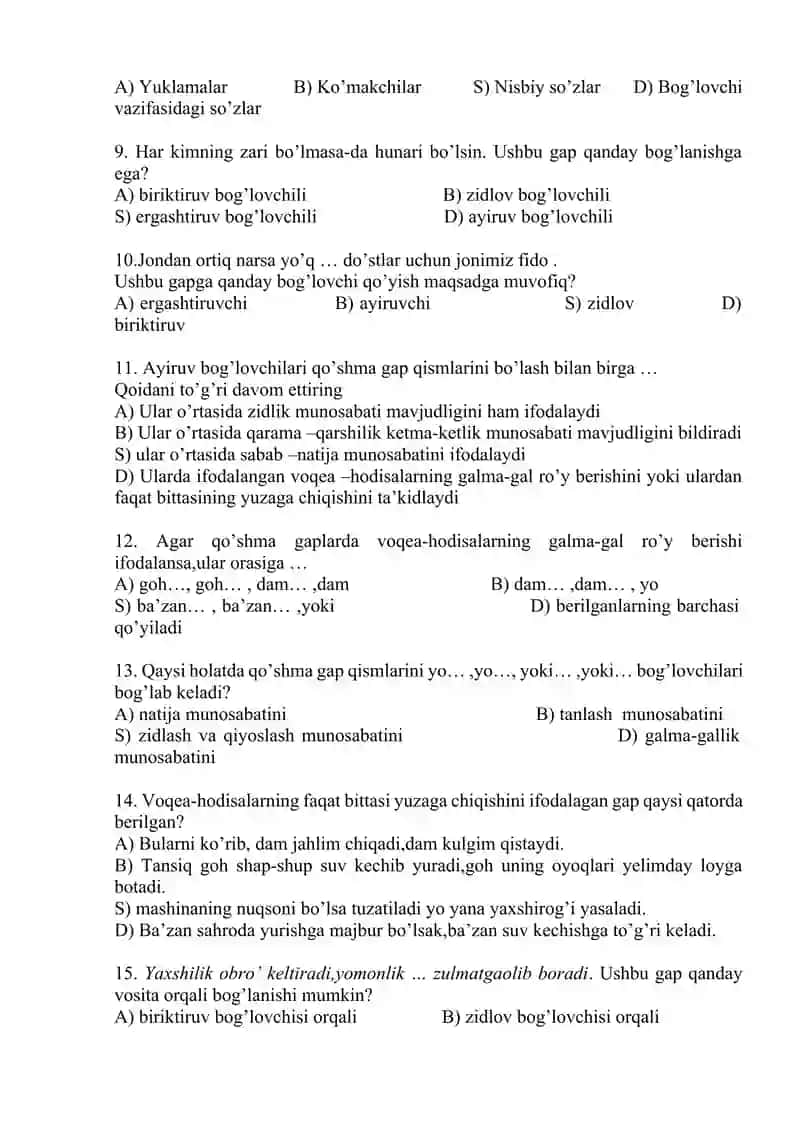 9-sinf uchun ona tili fanidan test savollari(III chorak) 2