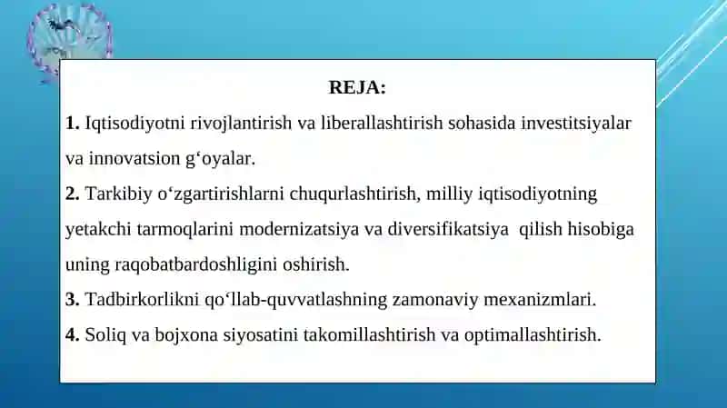 IQTISODIYOTNI RIVOJLANTIRISH VA LIBERALLASHTIRISHNING O‘ZIGA XOSXUSUSIYATLARI VA USTUVOR YO‘NALISHLARI TERMIZ – 2020 YIL 2