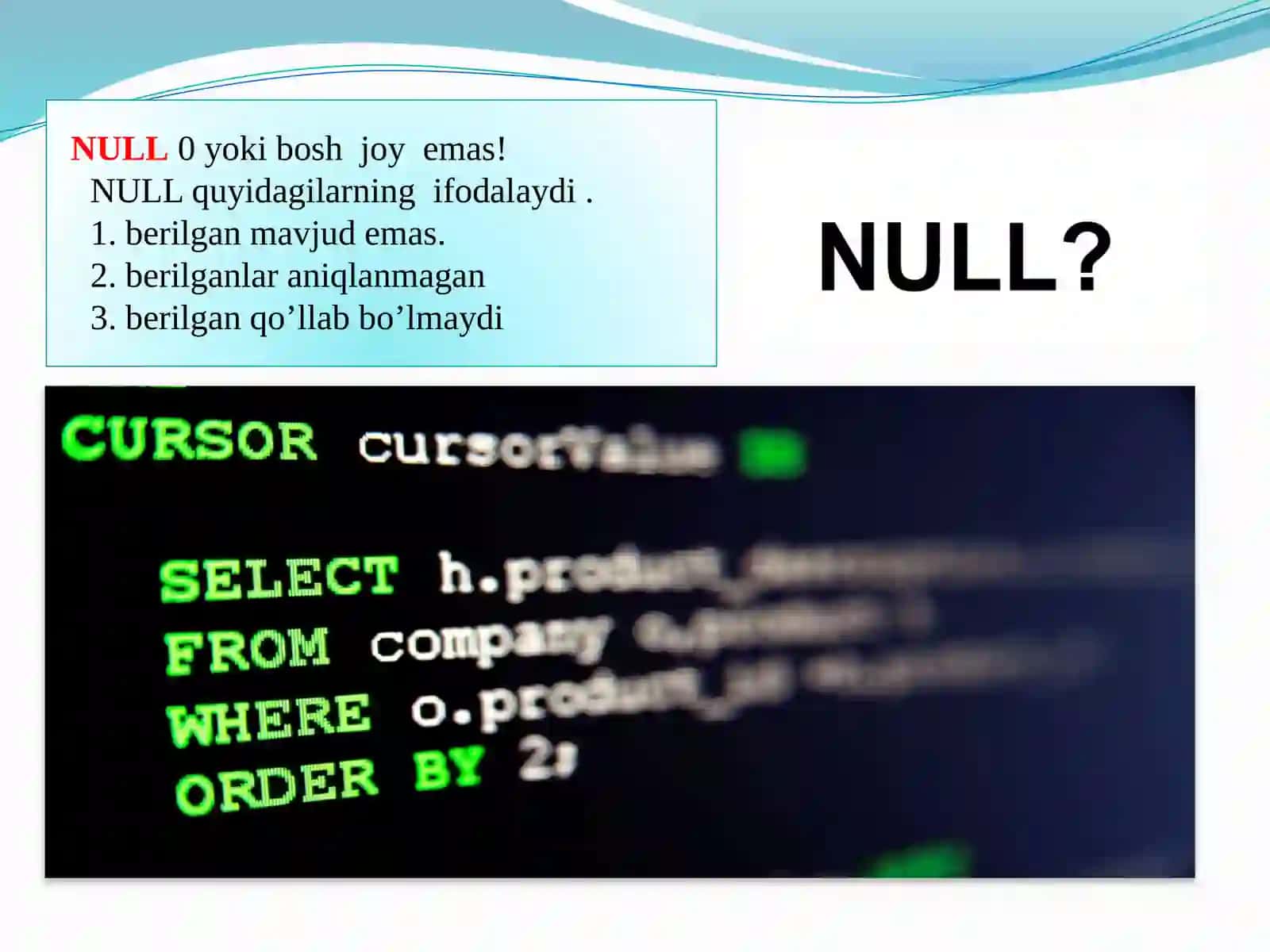 SQLserverda NULL (bo’sh to’plam) qiymatlar va ALIAS o’zlashtirilish sintaksisi 2