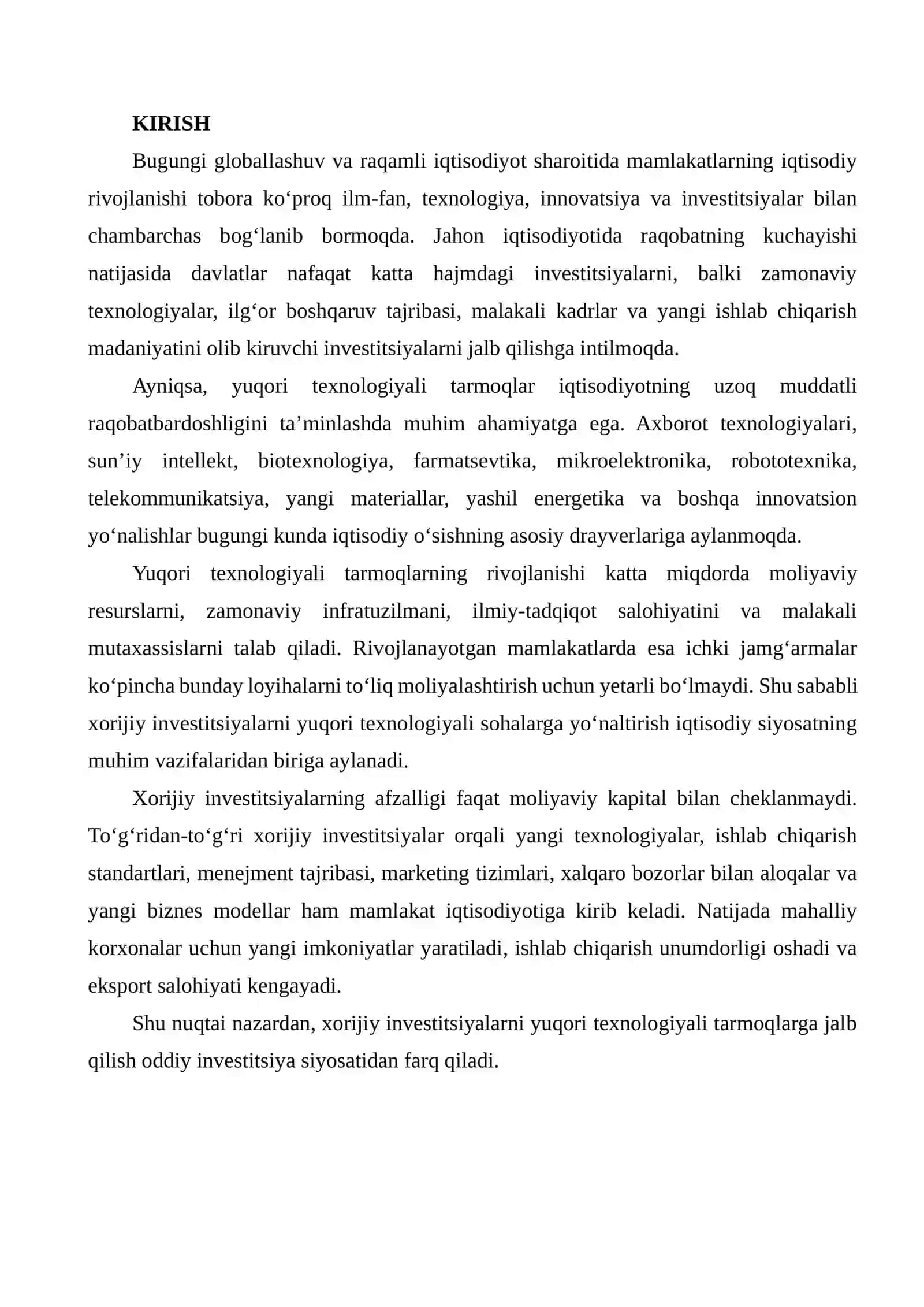 XORIJIY INVESTITSIYALARNI YUQORI TEXNOLOGIYALI TARMOQLARGA JALB QILISH STRATEGIYALARI 2